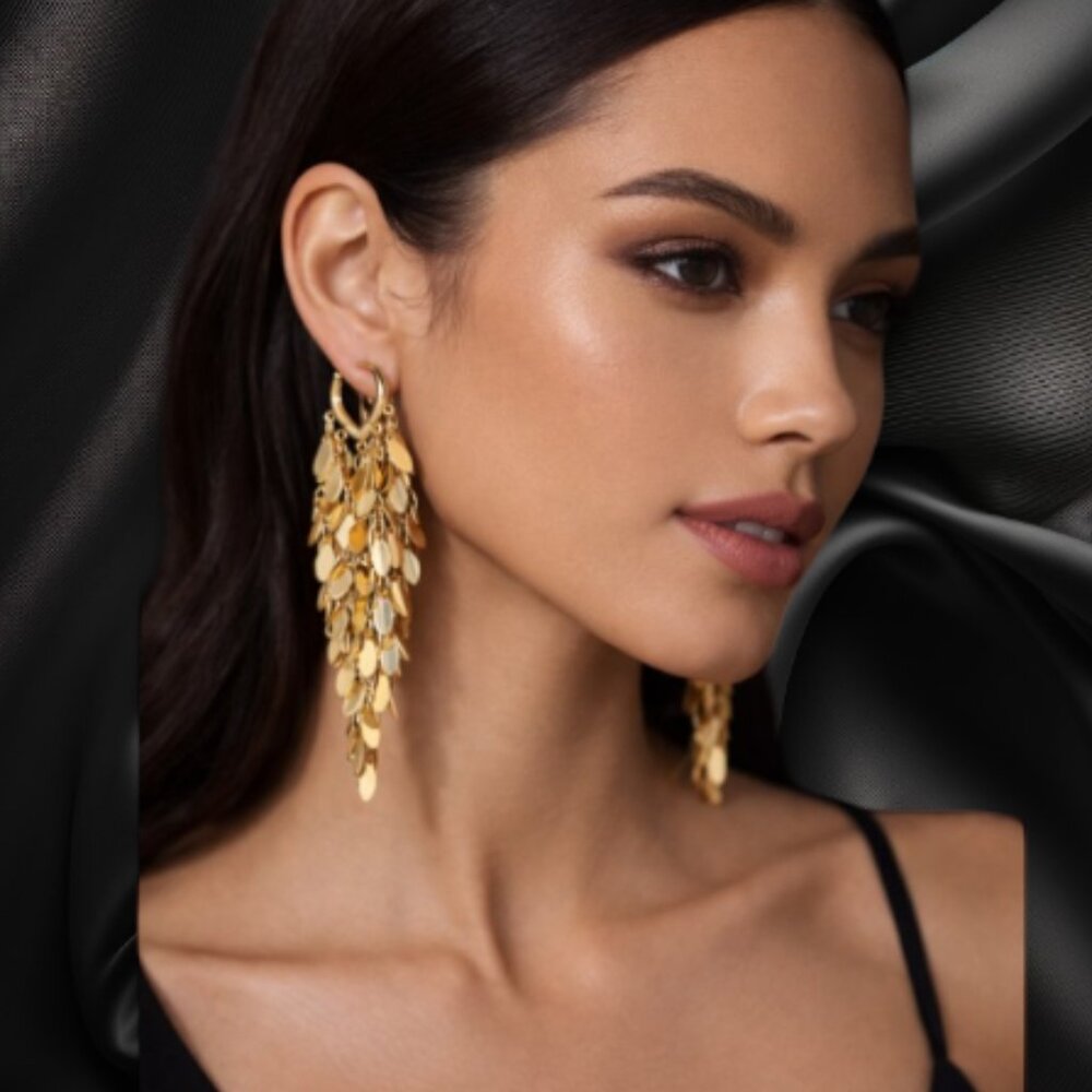 Gold Cascade Statement Earrings Long Dangle Fringe Leaf Glam